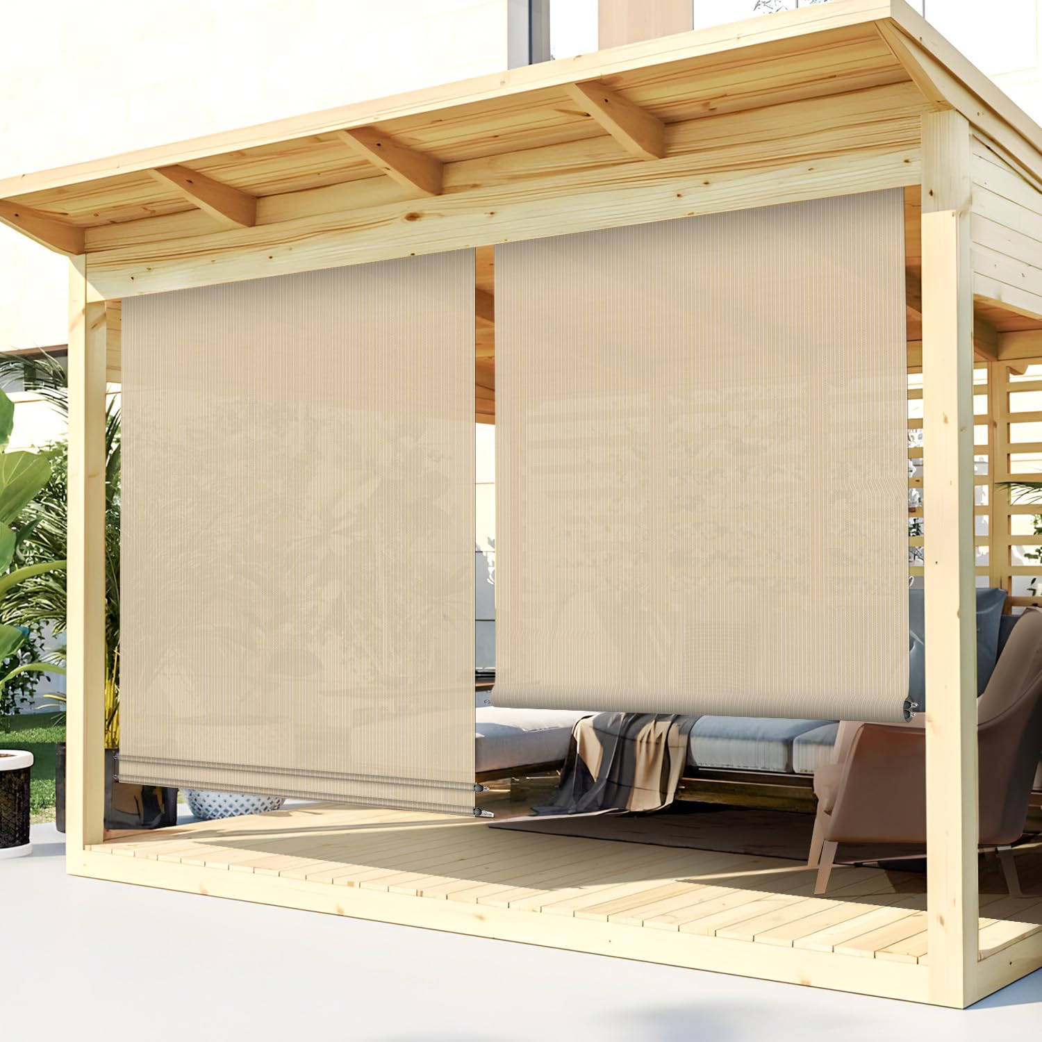TANG Exterior Roller Shade 4'Wx6'H Outdoor Patio Shades Roll Up Blinds Sunshades for Deck Porch Pergola Balcony Backyard, Beige