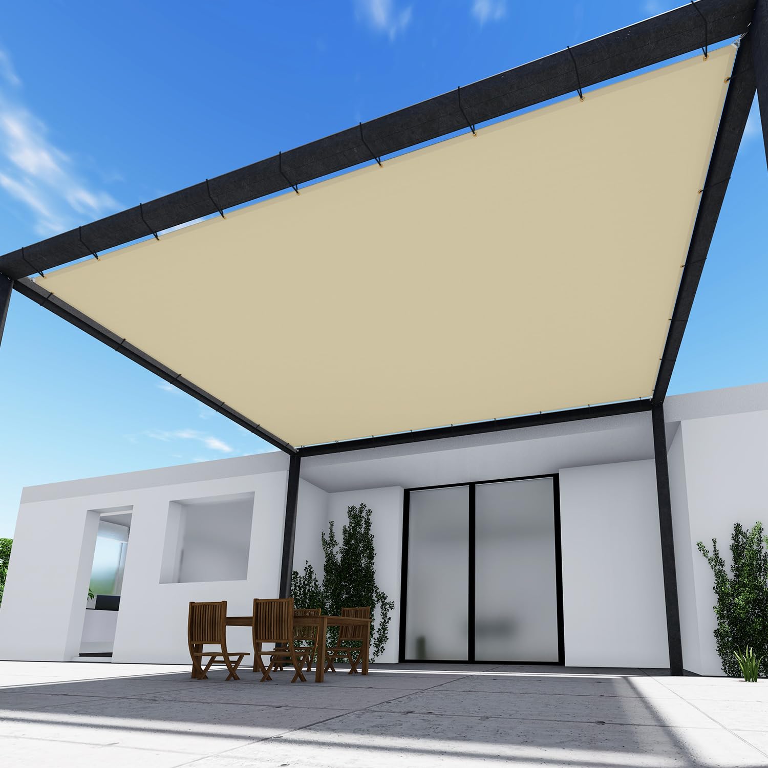 TANG 18' x 21' Waterproof Shade Cloth with Grommets, Sun Shade Sail Rectangle Straight Side, 260 GSM UV Block Fabric Patio Canopy for Deck Carport Backyard Pergola Cover, Beige