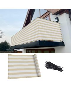 TANG 3' x 25' Balcony Privacy Screen Apartment Patio Mesh Fence Screens Cover for Deck Railing 200GSM Heavy Duty Fencing Windscreen Lattice Panels Porch Outdoor Backyard, White & Beige Stripes