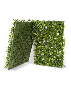 Bynbbur 9PCS 18"x12" Artificial Panel Hard Base Fence Privacy Screen Evergreen Wall for Patio Indoor Outdoor Garden Wedding Décor, Milan With White Flowers