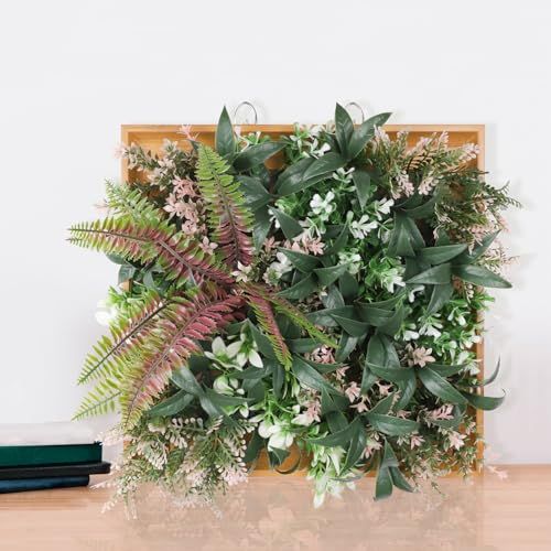 E&K Artificial Hanging Plants Faux Leaf with Frame Hooks Decoration for Home Office Room Wall Indoor Outdoor (1 PC, Green White Pink) - Green White Pink, 1