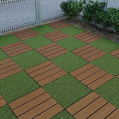 E&K Sunrise Artificial Grass gray brown Wood Tiles Interlocking Self-draining Mat Outdoor Patio Balcony Garden grass deck tiles or Indoor Flooring Décor